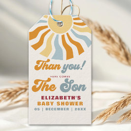 Here come the son - Groovy  Retro Baby Shower Part Presentetikett