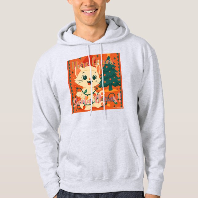 Here Comes Santa Claws! Funny Santa Cat Hoodie (Framsida)