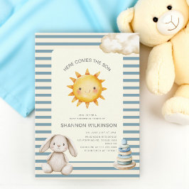 Here comes the son blue cream stripes baby shower inbjudningar