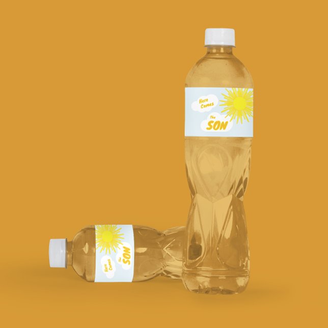 Here Comes The Son Boy Baby Shower Vattenflaskor Etikett (Skapare uppladdad)