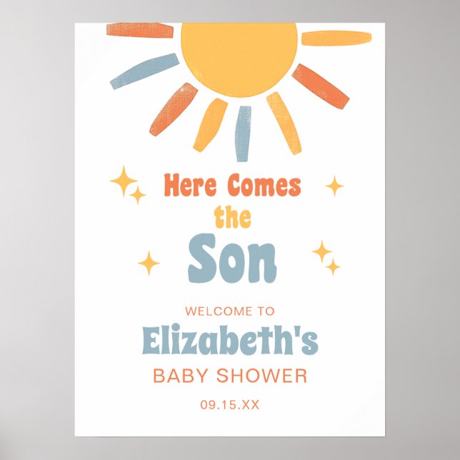 Here Comes The Son Boy Baby Shower Welcome Sign Poster (Framsidan)