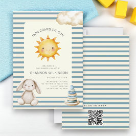 Here comes the son QR code stripes baby shower Inbjudningar
