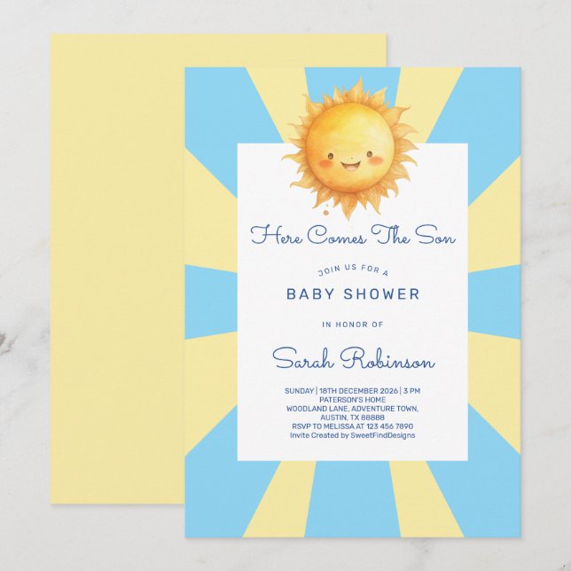 Here Comes The Son Retro Baby Shower Inbjudningar (Fram/baksida)