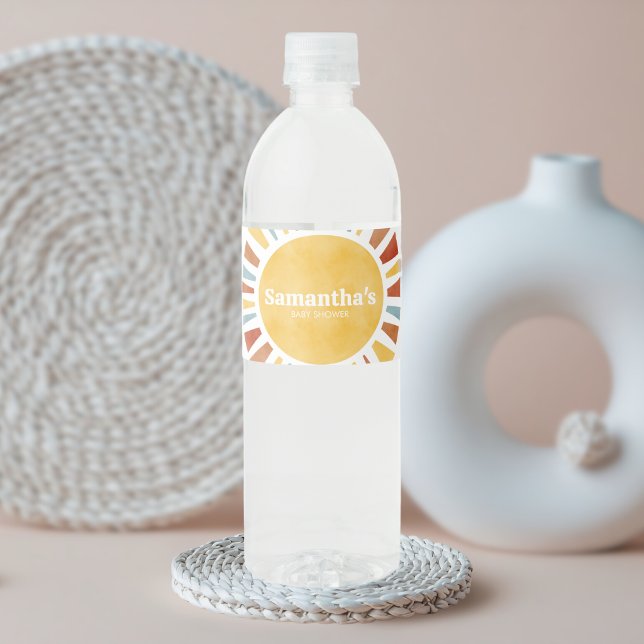 Here Comes the Sun Baby Shower Vattenflaskor Etikett (Here Comes the Sun Retro Baby Shower Water Bottle Label)