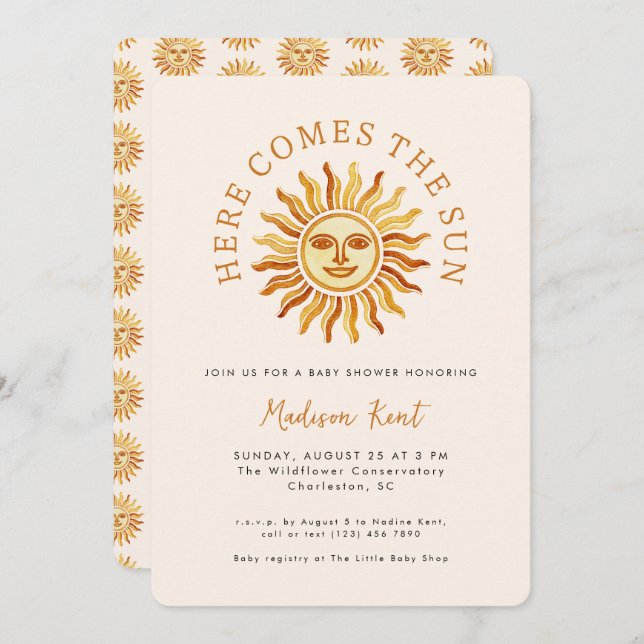 Here Comes the Sun Modern Boho Sun Baby Shower Inbjudningar (Fram/baksida)
