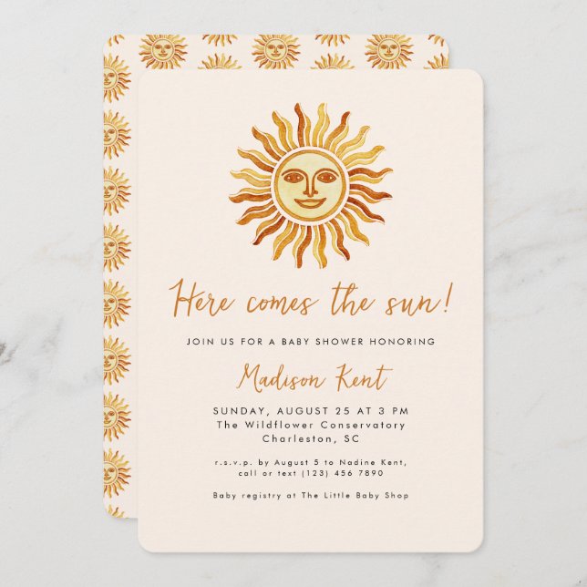Here Comes the Sun Modern Boho Sun Baby Shower Inbjudningar (Fram/baksida)