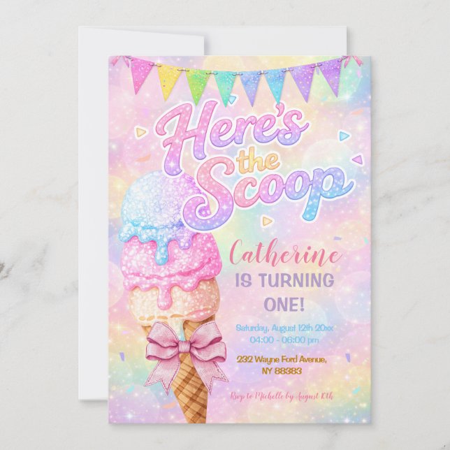 Here’s the Scoop Pastel Rainbow Glitter Birthday Inbjudningar (Framsida)