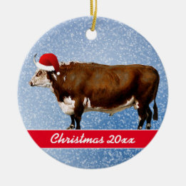 Hereford Bull och Santa Hat Julgransprydnad Keramik