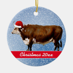 Hereford Bull och Santa Hat  Julgransprydnad Keramik