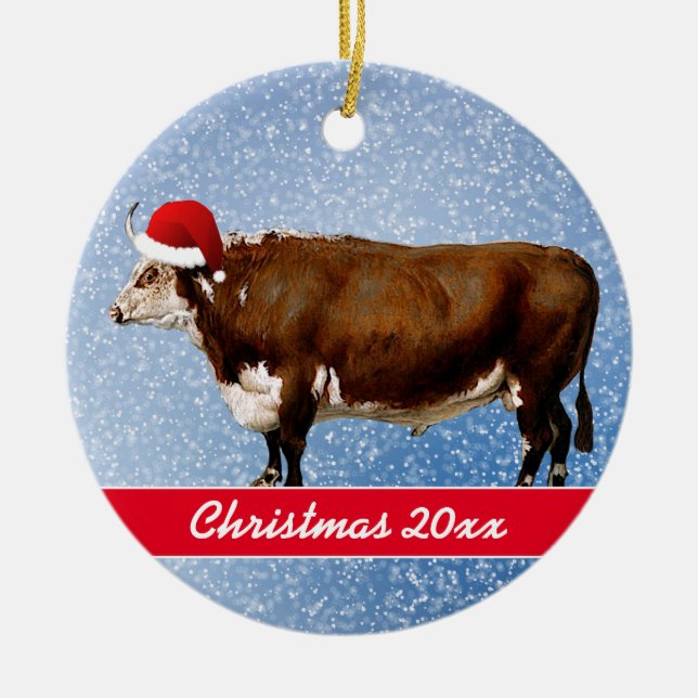 Hereford Bull och Santa Hat Julgransprydnad Keramik (Framsidan)