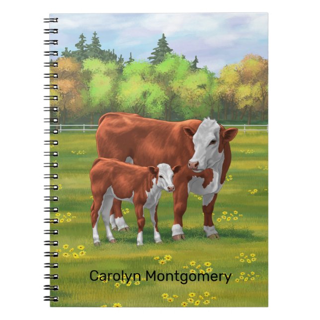 Hereford Cow & Cute Calf i sommarbetesmark Anteckningsbok (Framsidan)