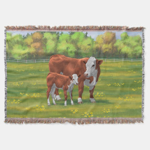 Hereford Cow & Cute Calf i sommarbetesmark Filt