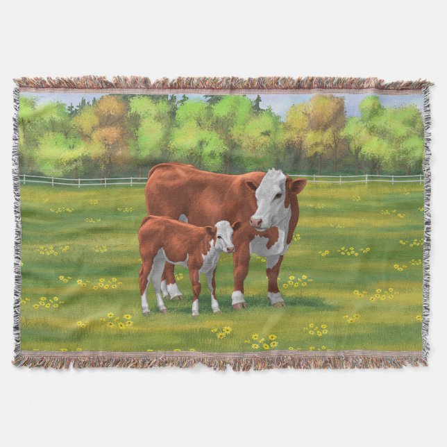 Hereford Cow & Cute Calf i sommarbetesmark Filt (Framsidan)