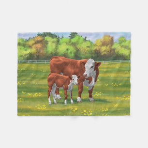 Hereford Cow & Cute Calf i sommarbetesmark Fleecefilt