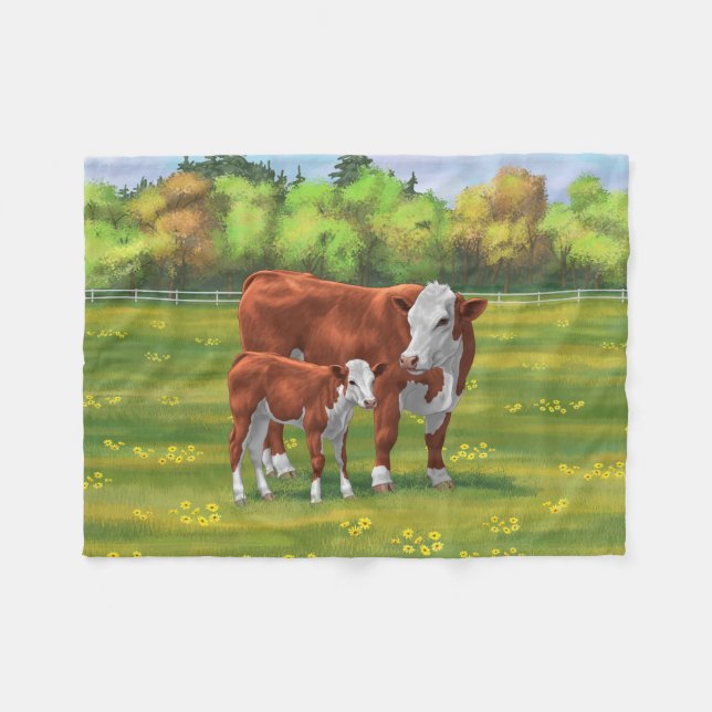 Hereford Cow & Cute Calf i sommarbetesmark Fleecefilt (Framsidan (Horisontell))