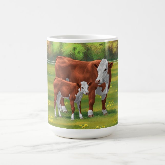 Hereford Cow & Cute Calf i sommarbetesmark Kaffemugg (Center)