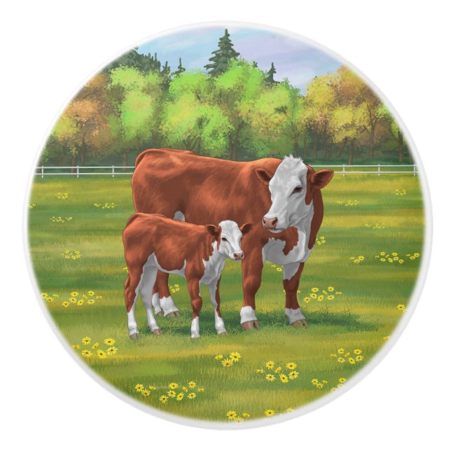 Hereford Cow & Cute Calf i sommarbetesmark Knopp (Framsidan)