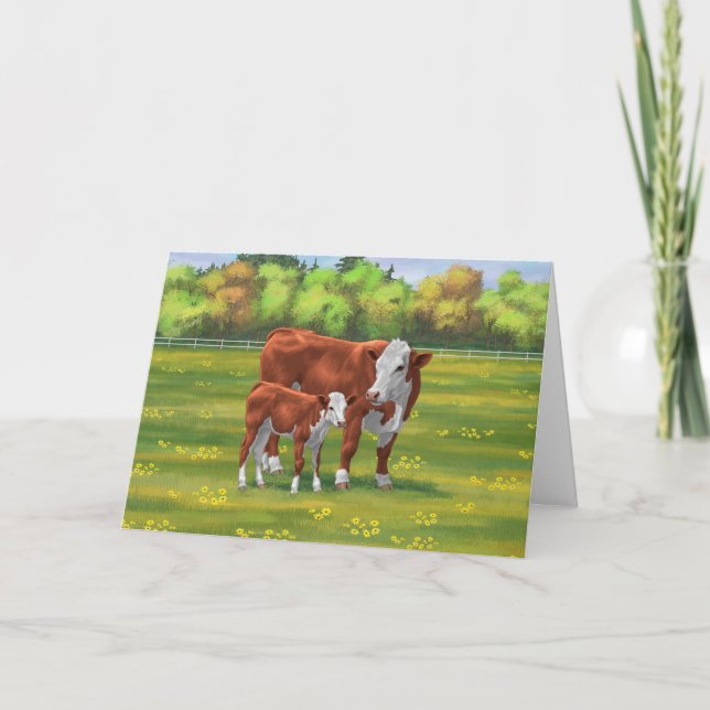 Hereford Cow & Cute Calf i sommarbetesmark Kort (Framsida)