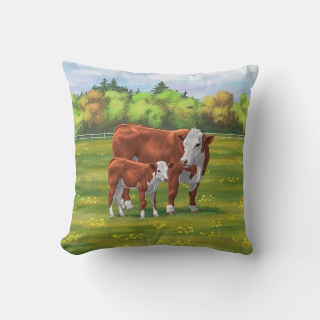 Hereford Cow & Cute Calf i sommarbetesmark Kudde (Framsida)