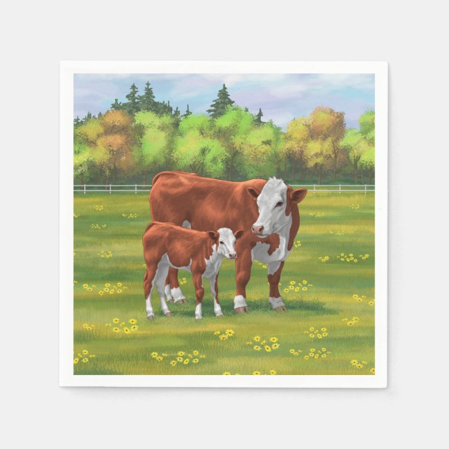 Hereford Cow & Cute Calf i sommarbetesmark Pappersservett (Framsidan)