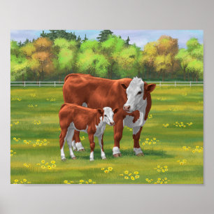 Hereford Cow & Cute Calf i sommarbetesmark Poster