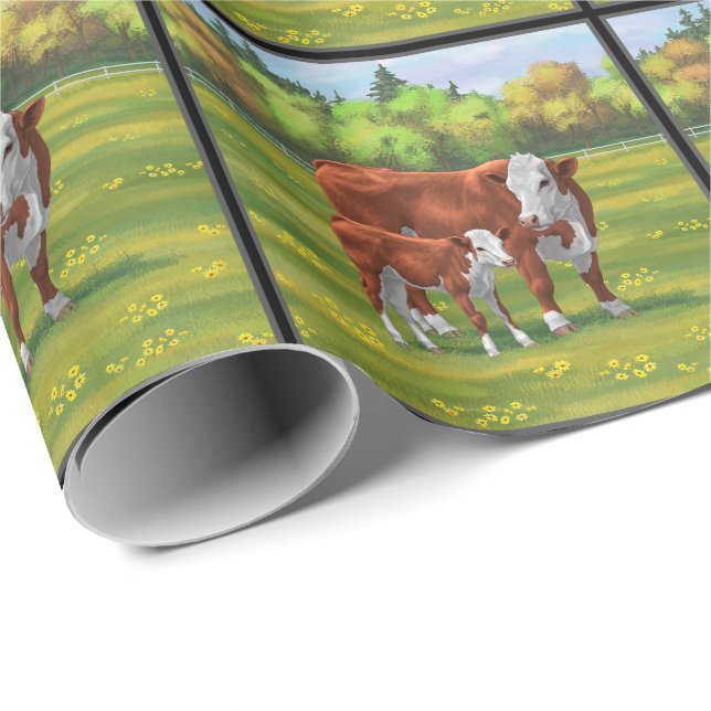 Hereford Cow & Cute Calf i sommarbetesmark Presentpapper (Rullad Hörn)