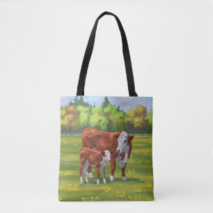Hereford Cow & Cute Calf i sommarbetesmark Tygkasse