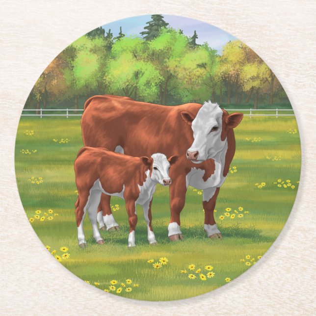 Hereford Cow & Cute Calf i sommarbetesmark Underlägg Papper Rund (Framsidan)