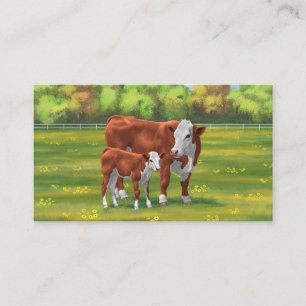 Hereford Cow & Cute Calf i sommarbetesmark Visitkort