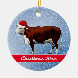 Hereford Cow och Santa Hat Ceramic Ornament