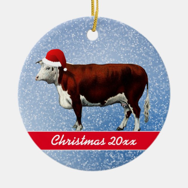 Hereford Cow och Santa Hat Ceramic Ornament (Framsidan)
