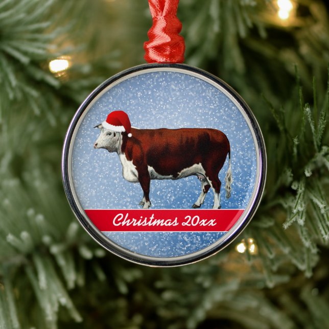 Hereford Cow och Santa Hat Julgransprydnad Metall (Träd)
