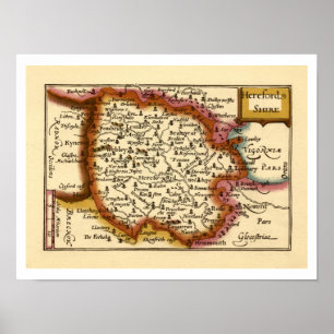 Herefordshire County England Old Antiquarian Karta Poster