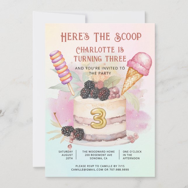 Here's The Scoop 3rd Birthday Ice Cream Party Inbjudningar (Framsida)