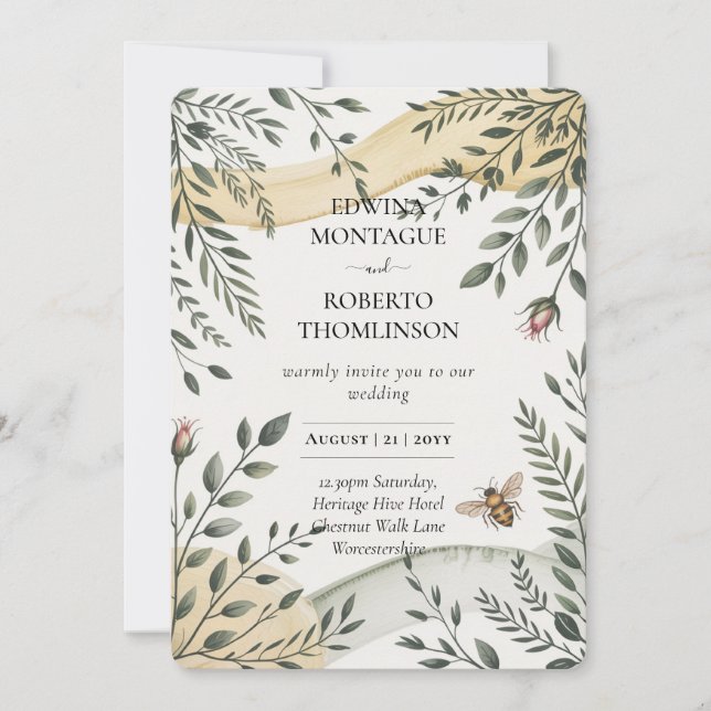 Heritage Bee and Olive Botanical Wedding Inbjudningar (Framsida)