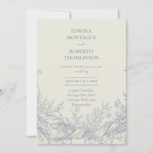 Heritage Blue Botanical Engraved Elegant Wedding Inbjudningar (Framsida)