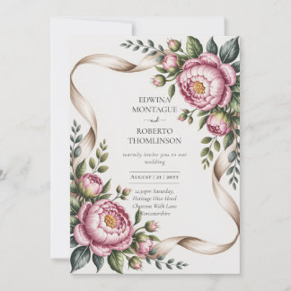 Heritage Blush Peony & Ribbon Botanical Wedding Inbjudningar