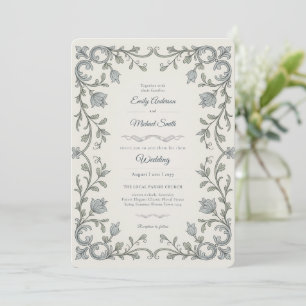 Heritage   Edwardian Blå Flora Scroll Bröllop Inbjudningar