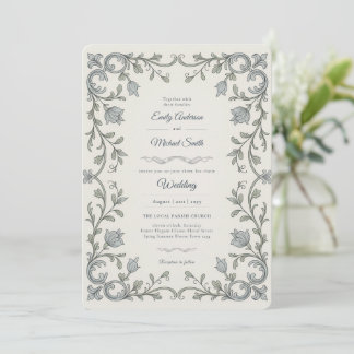 Heritage | Edwardian Blå Flora Scroll Bröllop Inbjudningar