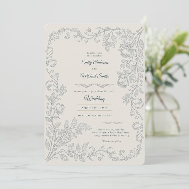 Heritage | Edwardian Silver Grey Floral Wedding Inbjudningar (Stående Fram)