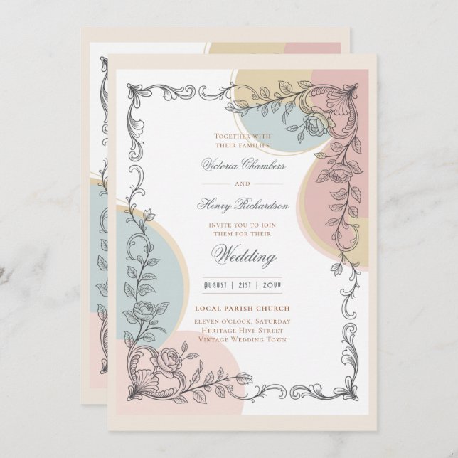 Heritage | Mid-Century Pastel Botanical Wedding Inbjudningar (Fram/baksida)