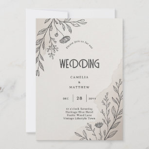 Heritage Minimal Floral Line Art Modern Bröllop Inbjudningar