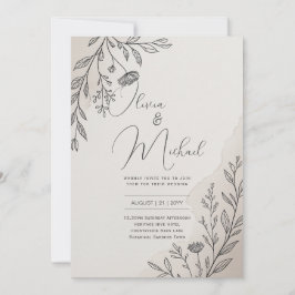 Heritage Minimal Floral Line Art Modern Wedding Inbjudningar