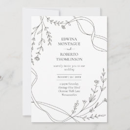 Heritage Minimal Line Art Band & Wildflower Bröllo Inbjudningar