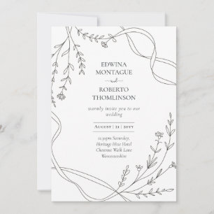 Heritage Minimal Line Art Band & Wildflower Bröllo Inbjudningar