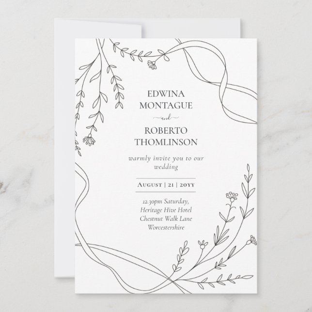 Heritage Minimal Line Art Band & Wildflower Bröllo Inbjudningar (Framsida)