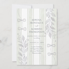 Heritage Sage Botanical Ribbon Line Bows Wedding Inbjudningar