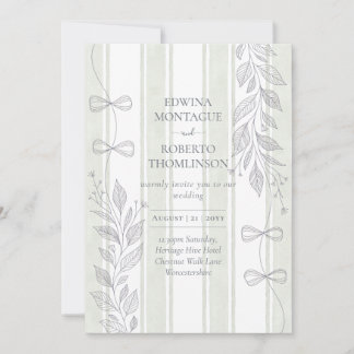 Heritage Sage Botanical Ribbon Line Bows Wedding Inbjudningar