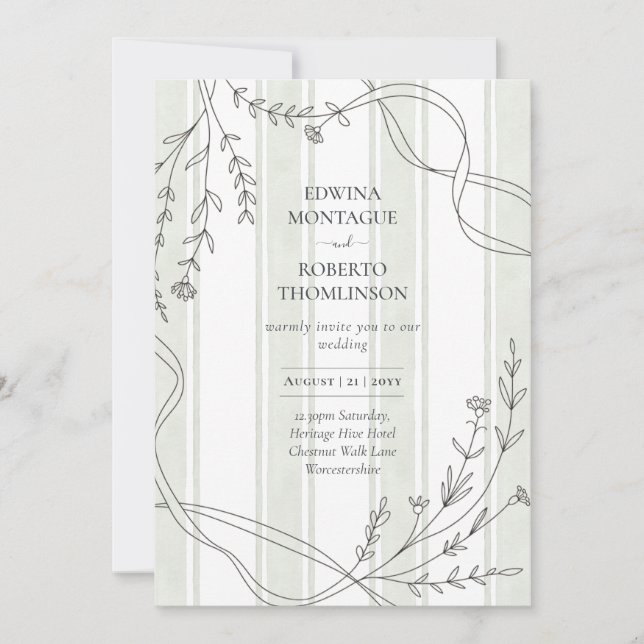Heritage Stripe & Line Art Botanical Ribbon Weddin Inbjudningar (Framsida)