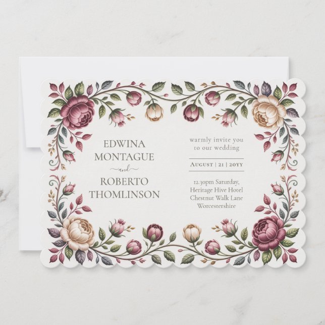 Heritage Victorian Blommig Bröllopsros Horisontell Inbjudningar (Framsida)